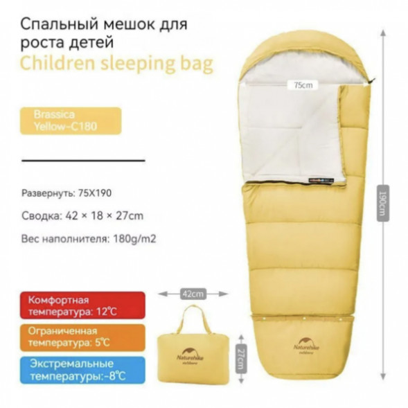 Спальный мешок Naturehike C180 (190x75см), желтый в Тамбове
